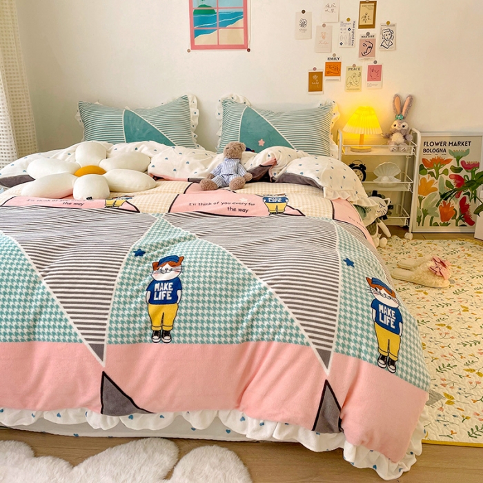 91家纺网 家纺一手货源 找家纺 青竹苑 2021新款220克ins韩版花边牛奶绒印花四件套 布兰妮