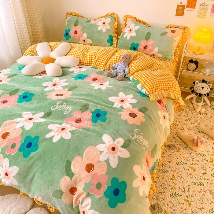 91家纺网 家纺一手货源 找家纺 青竹苑 2021新款220克ins韩版花边牛奶绒印花四件套 花曳