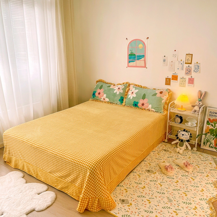 91家纺网 家纺一手货源 找家纺 青竹苑 2021新款220克ins韩版花边牛奶绒印花四件套 花曳