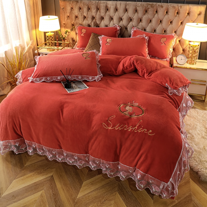 91家纺网 家纺一手货源 找家纺 青竹苑2021新款220克加厚保暖牛奶绒刺绣蕾丝太妃款四件套 太妃桔