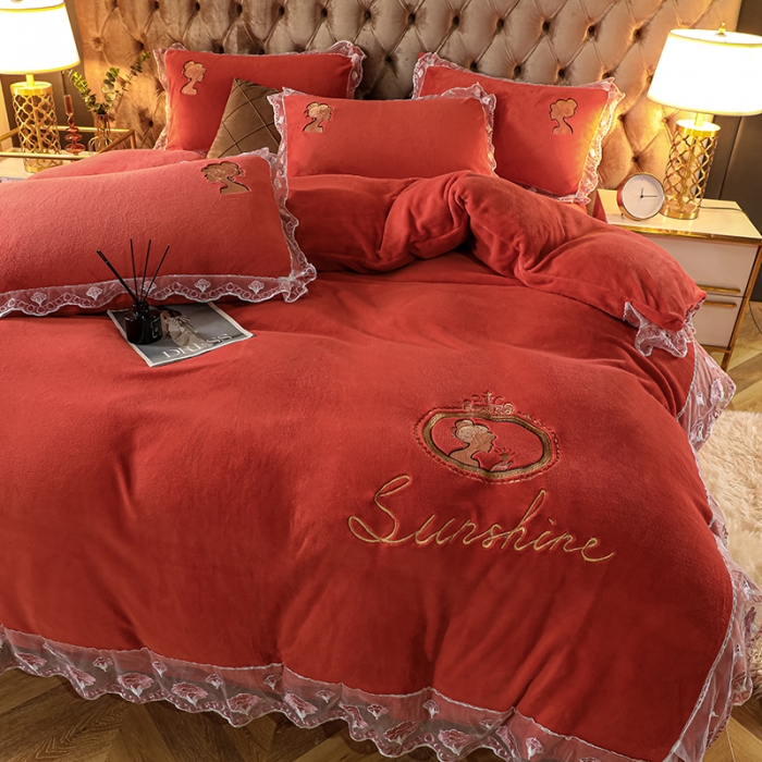 91家纺网 家纺一手货源 找家纺 青竹苑2021新款220克加厚保暖牛奶绒刺绣蕾丝太妃款四件套 太妃桔