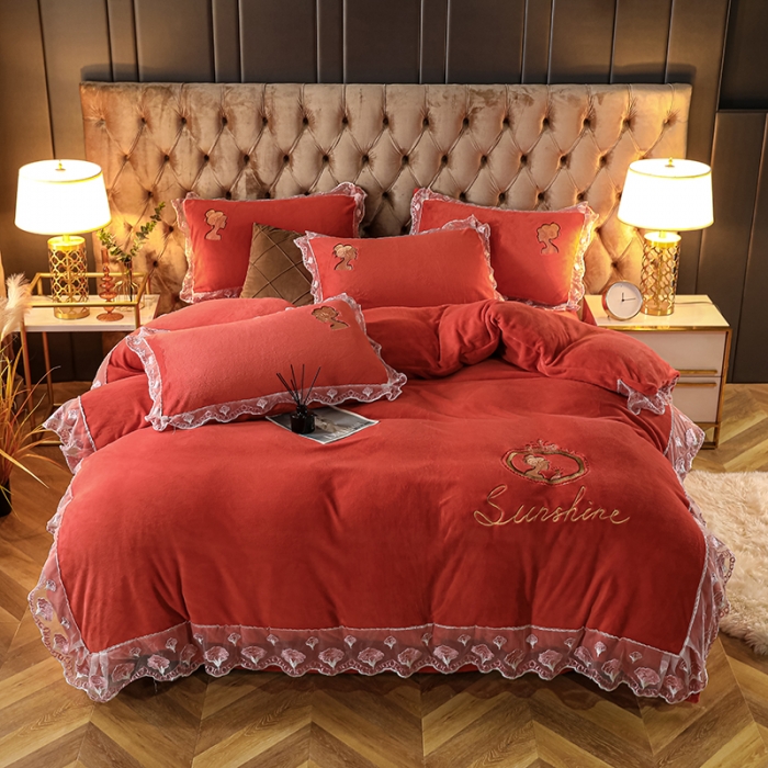 91家纺网 家纺一手货源 找家纺 青竹苑2021新款220克加厚保暖牛奶绒刺绣蕾丝太妃款四件套 太妃桔