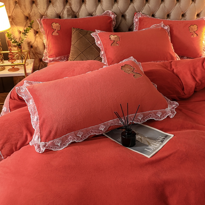 91家纺网 家纺一手货源 找家纺 青竹苑2021新款220克加厚保暖牛奶绒刺绣蕾丝太妃款四件套 太妃桔