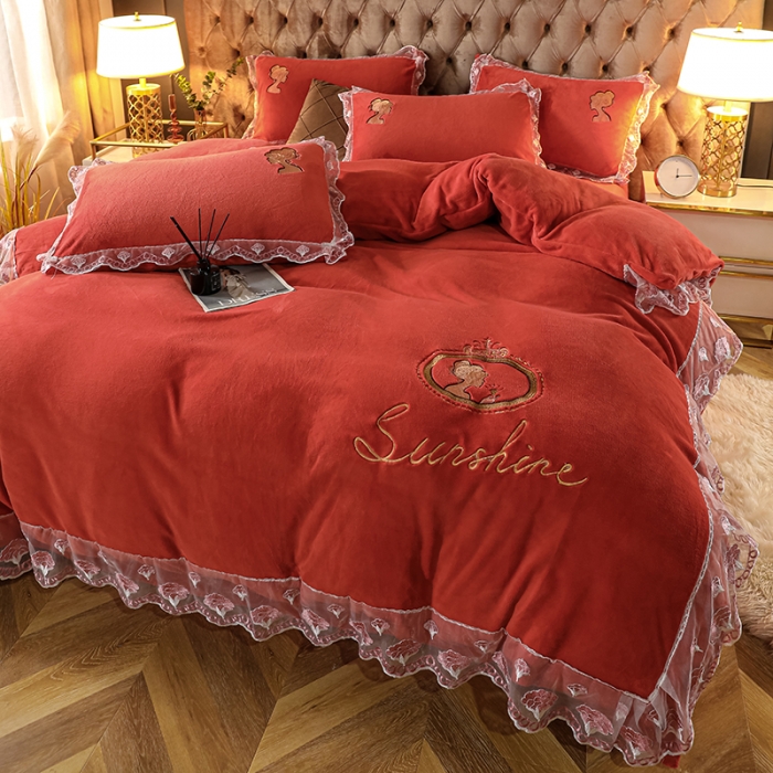 91家纺网 家纺一手货源 找家纺 青竹苑2021新款220克加厚保暖牛奶绒刺绣蕾丝太妃款四件套 太妃桔