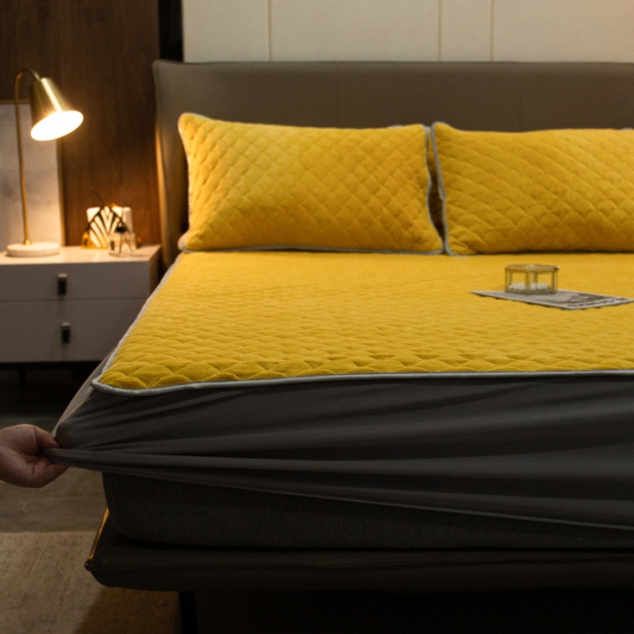 91家纺网 家纺一手货源 找家纺 棉生活家纺 2021新款秋冬多功能牛奶绒床笠 姜黄