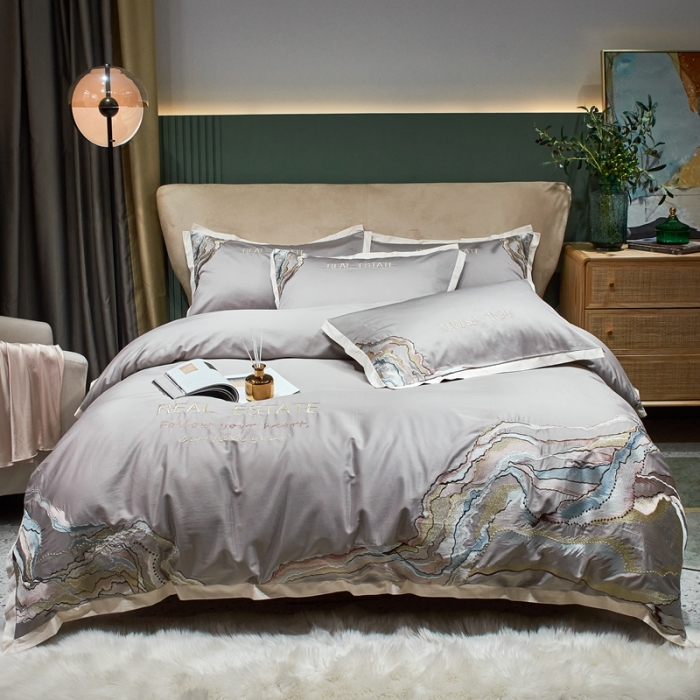 91家纺网 家纺一手货源 找家纺 甜咪咪 2021新款居家系列100支长绒棉四件套 大理石银灰