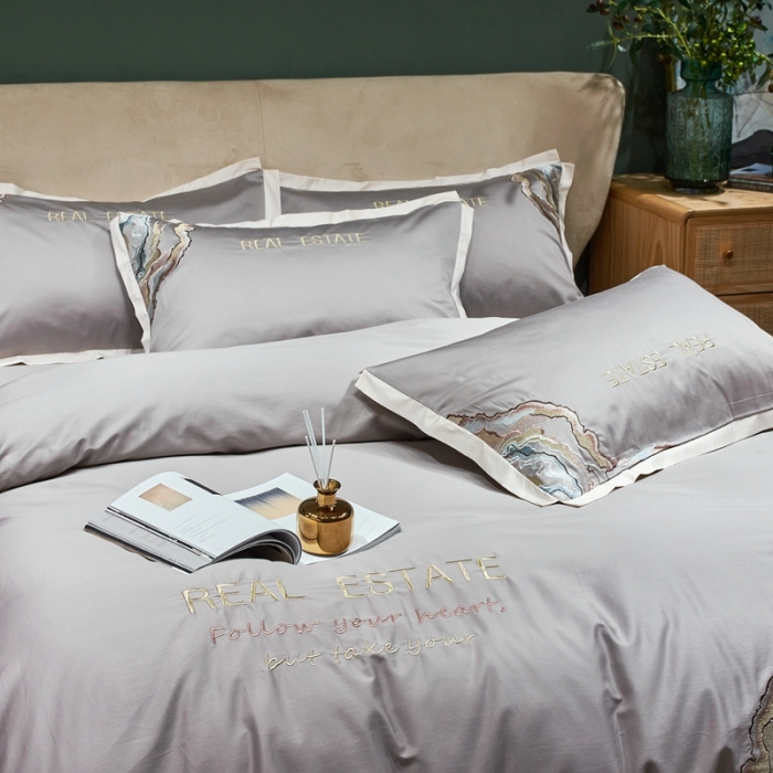 91家纺网 家纺一手货源 找家纺 甜咪咪 2021新款居家系列100支长绒棉四件套 大理石银灰