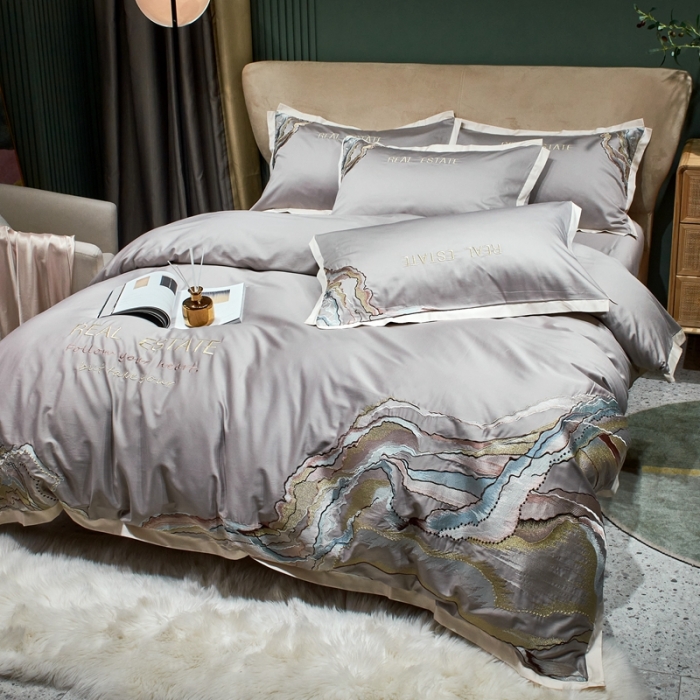 91家纺网 家纺一手货源 找家纺 甜咪咪 2021新款居家系列100支长绒棉四件套 大理石银灰