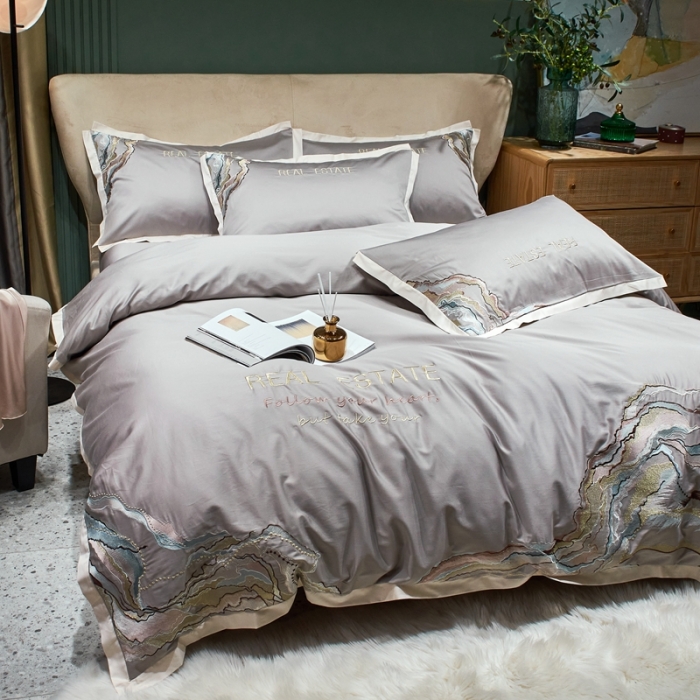 91家纺网 家纺一手货源 找家纺 甜咪咪 2021新款居家系列100支长绒棉四件套 大理石银灰