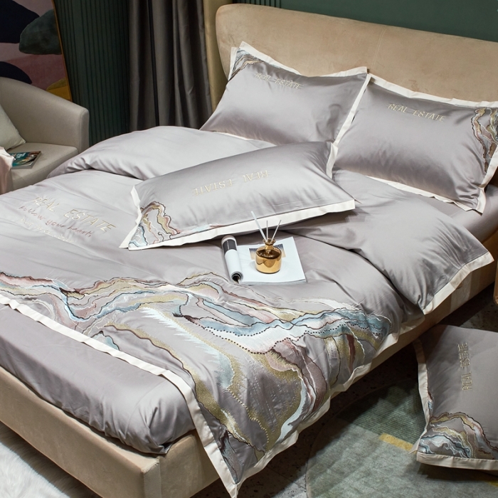 91家纺网 家纺一手货源 找家纺 甜咪咪 2021新款居家系列100支长绒棉四件套 大理石银灰