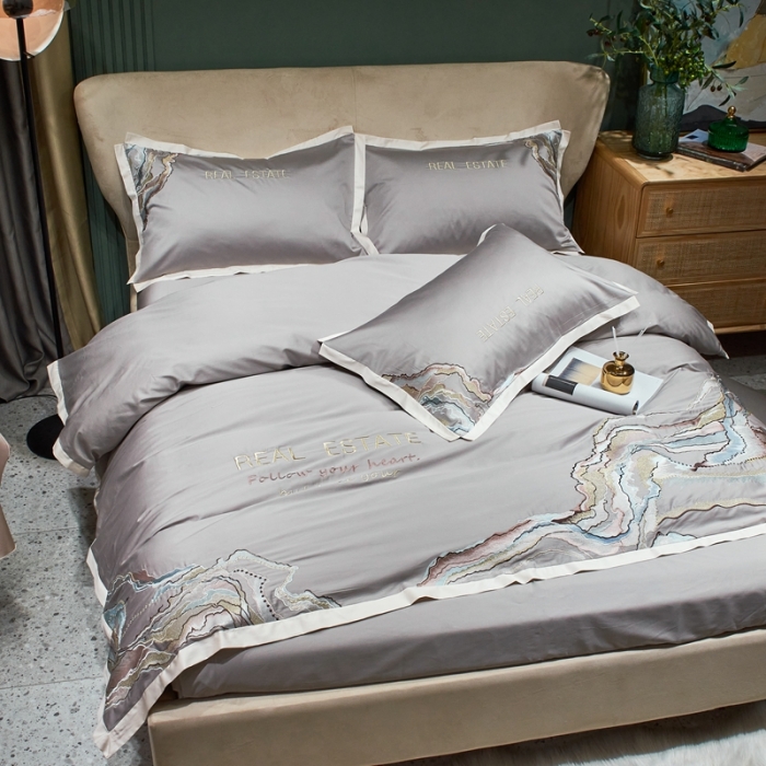 91家纺网 家纺一手货源 找家纺 甜咪咪 2021新款居家系列100支长绒棉四件套 大理石银灰