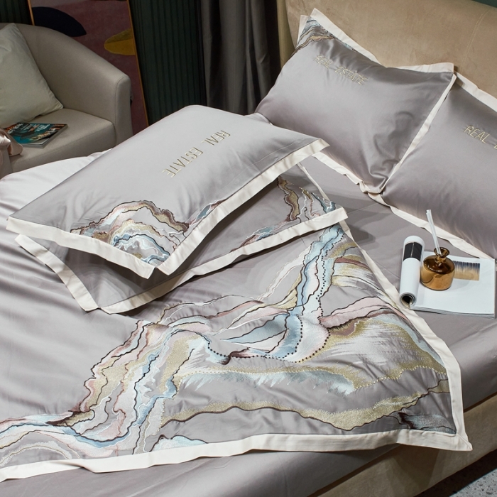 91家纺网 家纺一手货源 找家纺 甜咪咪 2021新款居家系列100支长绒棉四件套 大理石银灰