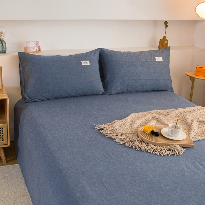 91家纺网 家纺一手货源 找家纺 柠萌2021新款全棉色织水洗棉枕套 牛仔蓝（一对）