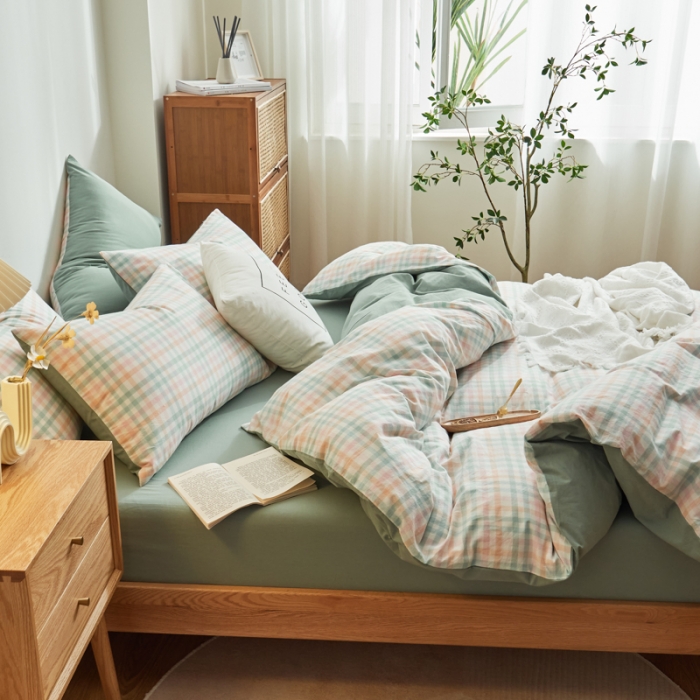 91家纺网 家纺一手货源 找家纺 （总）ab家纺 2022新款全棉水洗棉四件套纯棉格子