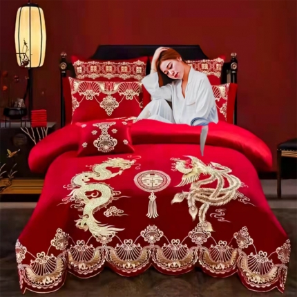 91家纺网 家纺一手货源 找家纺 （总）梦丝语家纺婚庆四件套长绒棉全棉圆角床单式一件代发