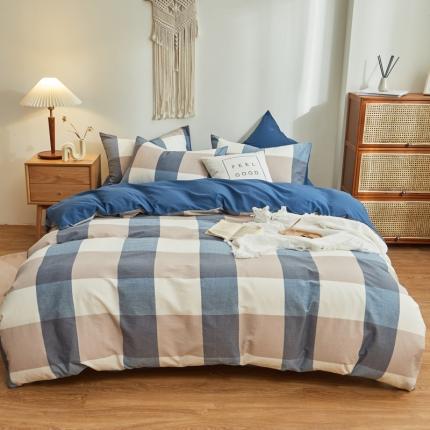 91家纺网 家纺一手货源 找家纺 ab家纺 2022新款全棉水洗棉四件套纯棉格子 蓝调格