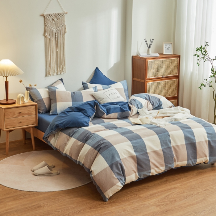 91家纺网 家纺一手货源 找家纺 ab家纺 2022新款全棉水洗棉四件套纯棉格子 蓝调格