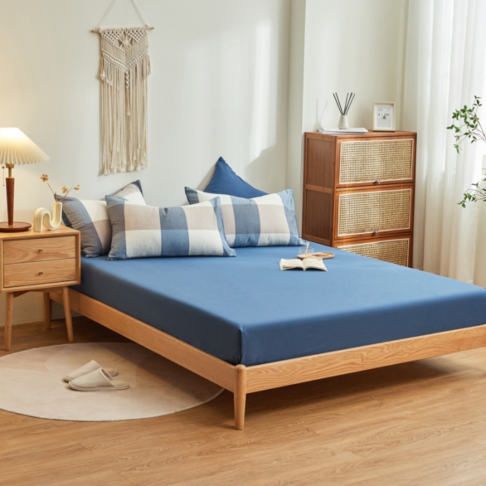 91家纺网 家纺一手货源 找家纺 ab家纺 2022新款全棉水洗棉四件套纯棉格子 蓝调格