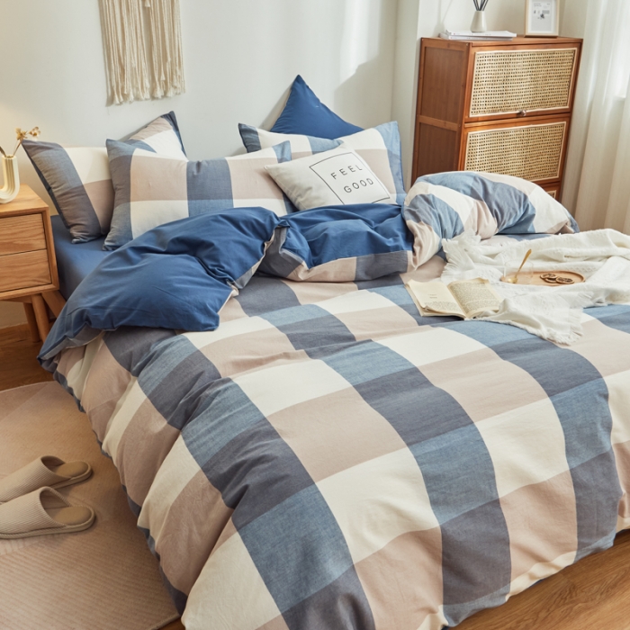 91家纺网 家纺一手货源 找家纺 ab家纺 2022新款全棉水洗棉四件套纯棉格子 蓝调格