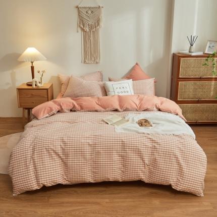 91家纺网 家纺一手货源 找家纺 ab家纺 2022新款全棉水洗棉四件套纯棉格子 蜜粉格