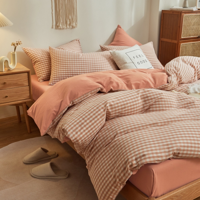 91家纺网 家纺一手货源 找家纺 ab家纺 2022新款全棉水洗棉四件套纯棉格子 蜜粉格