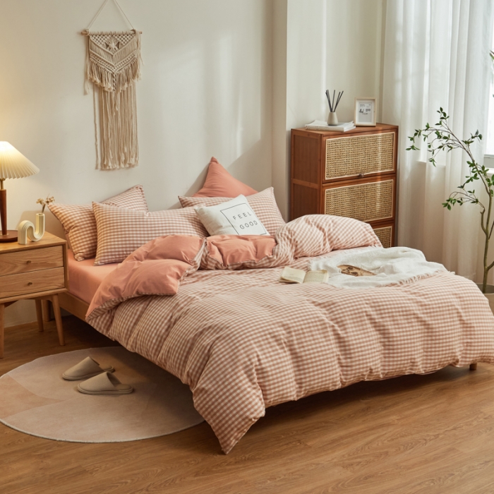 91家纺网 家纺一手货源 找家纺 ab家纺 2022新款全棉水洗棉四件套纯棉格子 蜜粉格