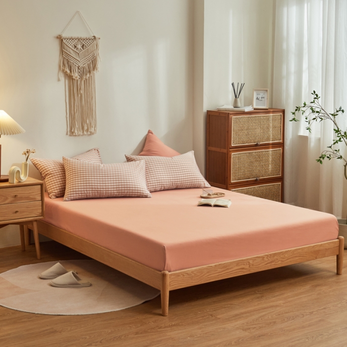 91家纺网 家纺一手货源 找家纺 ab家纺 2022新款全棉水洗棉四件套纯棉格子 蜜粉格