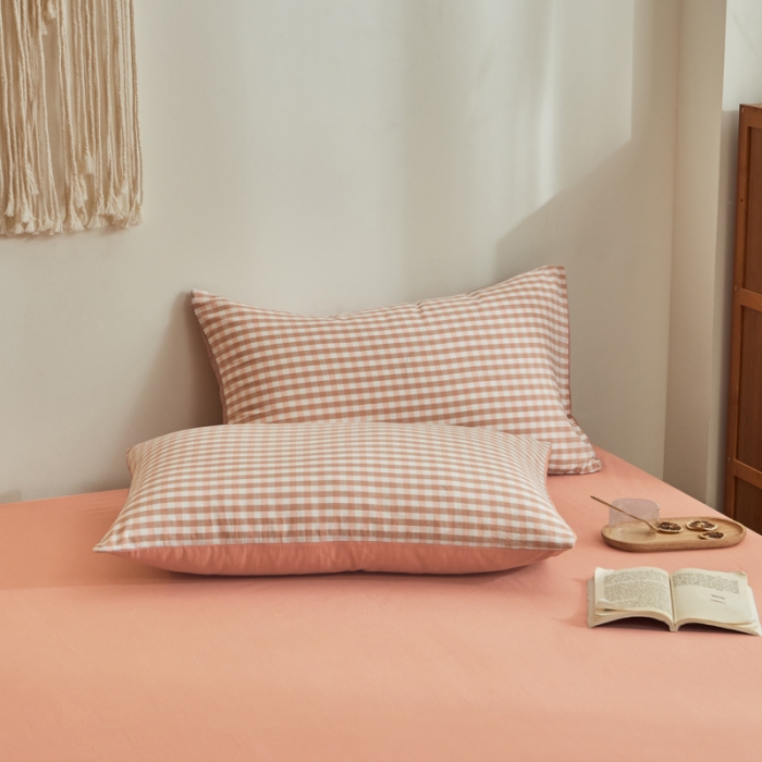 91家纺网 家纺一手货源 找家纺 ab家纺 2022新款全棉水洗棉四件套纯棉格子 蜜粉格