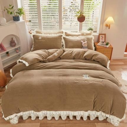 宜凡家纺 2021新款牛奶绒绣花熊床单四件套 可爱熊-咖啡