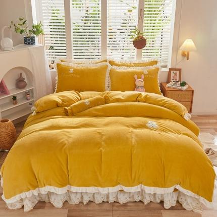 91家纺网 家纺一手货源 找家纺 宜凡家纺 2021新款牛奶绒绣花熊床单四件套 可爱熊-亮黄