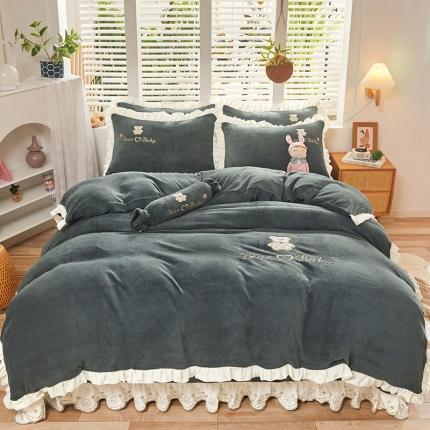 宜凡家纺 2021新款牛奶绒绣花熊床单四件套 可爱熊-雅灰