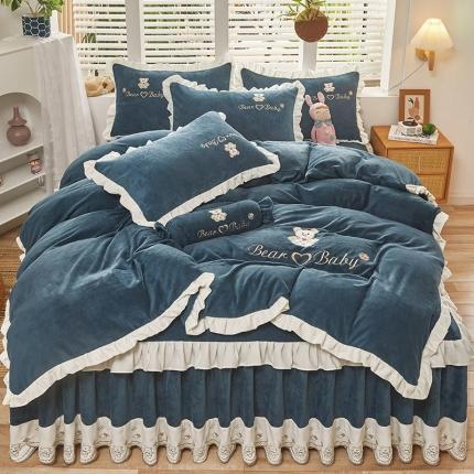 宜凡家纺 2021新款牛奶绒绣花熊床裙四件套 可爱熊-藏蓝