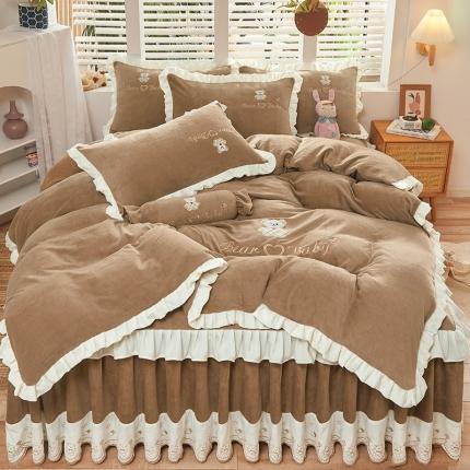 宜凡家纺 2021新款牛奶绒绣花熊床裙四件套 可爱熊-咖啡