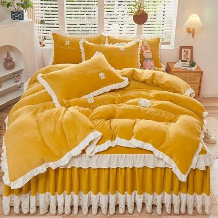 宜凡家纺 2021新款牛奶绒绣花熊床裙四件套 可爱熊-亮黄