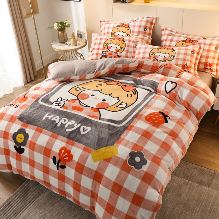 91家纺网 家纺一手货源 找家纺 凡客家居 2022秋冬新品加厚大版印花法莱绒四件套 小女孩