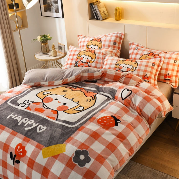 91家纺网 家纺一手货源 找家纺 凡客家居 2022秋冬新品加厚大版印花法莱绒四件套 小女孩