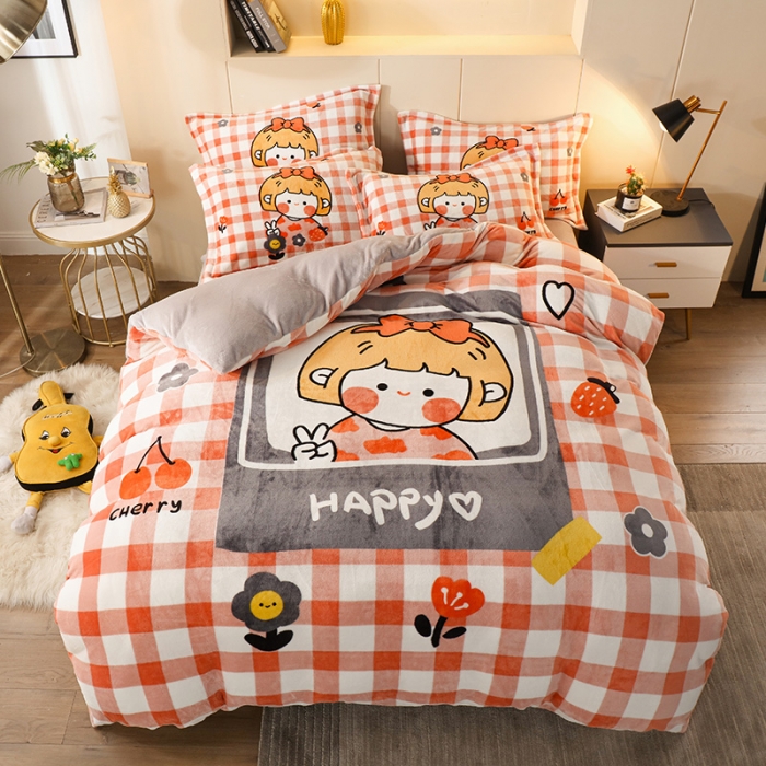 91家纺网 家纺一手货源 找家纺 凡客家居 2022秋冬新品加厚大版印花法莱绒四件套 小女孩