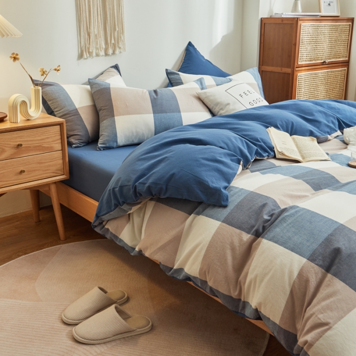 91家纺网 家纺一手货源 找家纺 ab家纺 2022新款全棉水洗棉四件套纯棉格子 蓝调格