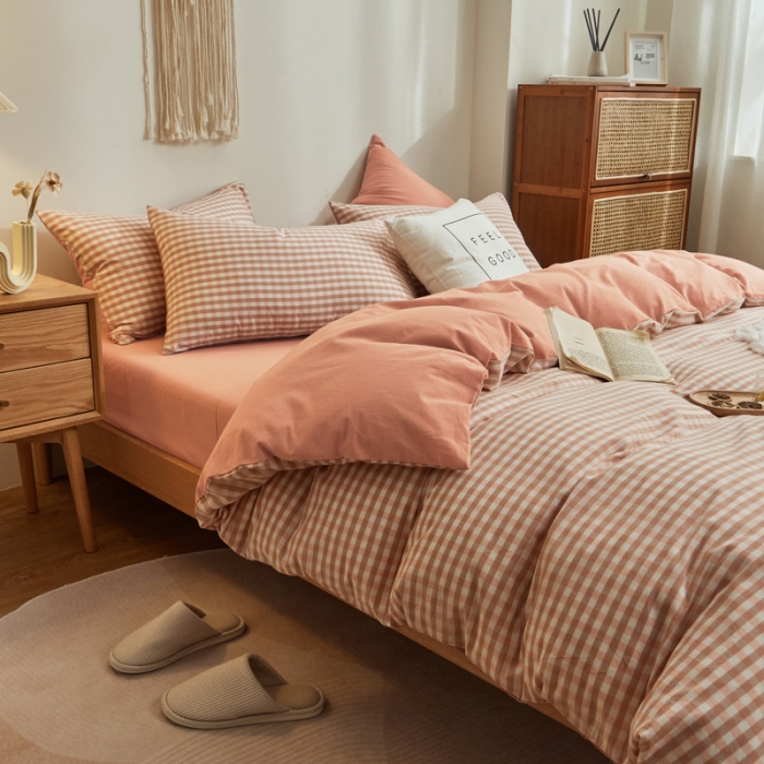 91家纺网 家纺一手货源 找家纺 ab家纺 2022新款全棉水洗棉四件套纯棉格子 蜜粉格