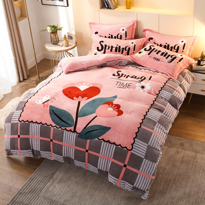 91家纺网 家纺一手货源 找家纺 凡客家居 2022秋冬新品加厚大版印花法莱绒四件套 一枝独秀