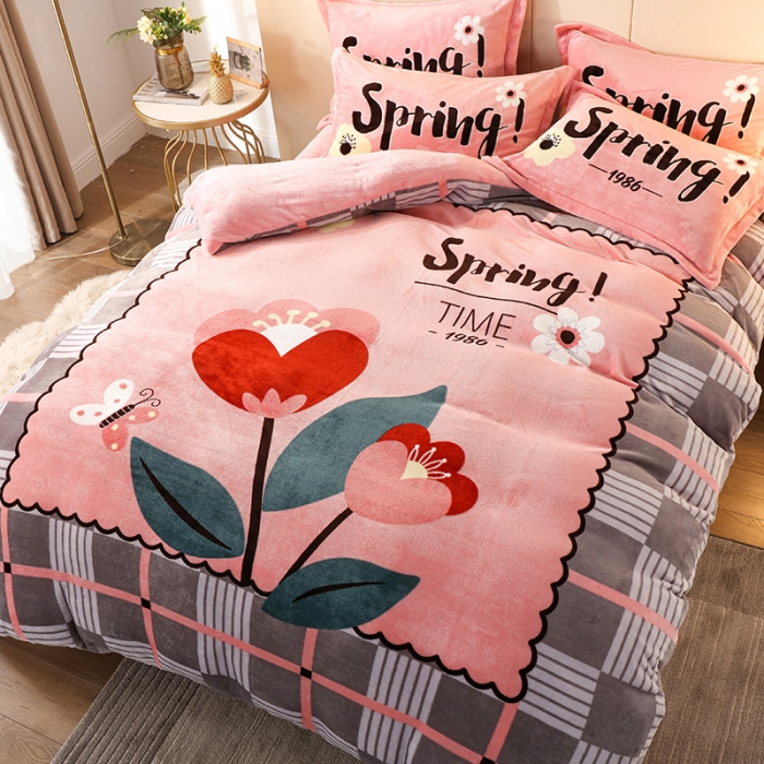 91家纺网 家纺一手货源 找家纺 凡客家居 2022秋冬新品加厚大版印花法莱绒四件套 一枝独秀