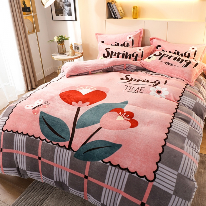 91家纺网 家纺一手货源 找家纺 凡客家居 2022秋冬新品加厚大版印花法莱绒四件套 一枝独秀