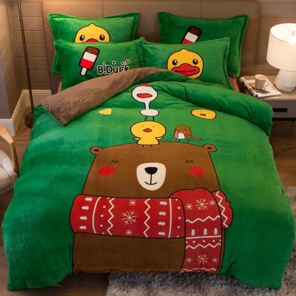 91家纺网 家纺一手货源 找家纺 凡客家居 2022秋冬新品加厚大版印花法莱绒四件套 萌萌熊