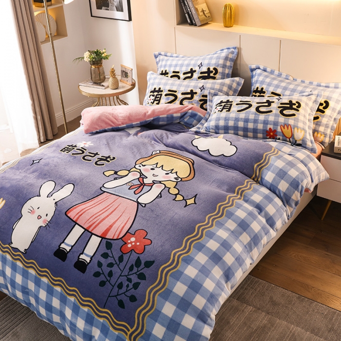 91家纺网 家纺一手货源 找家纺 凡客家居 2022秋冬新品加厚大版印花法莱绒四件套 美好时光