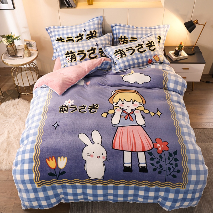 91家纺网 家纺一手货源 找家纺 凡客家居 2022秋冬新品加厚大版印花法莱绒四件套 美好时光