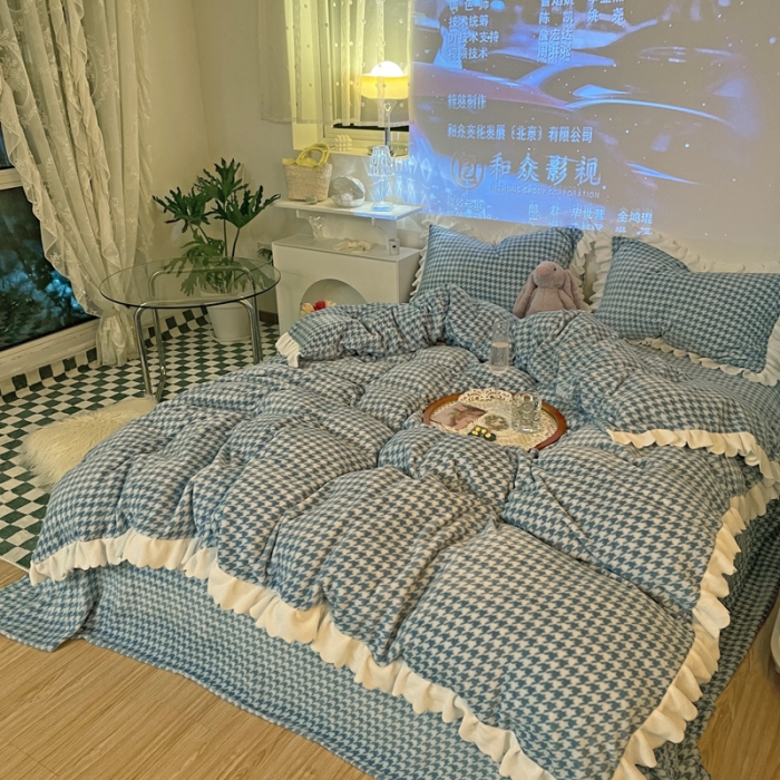 91家纺网 家纺一手货源 找家纺 千朵2021新款韩版法莱绒加厚牛奶绒四件套 蒂芙尼蓝