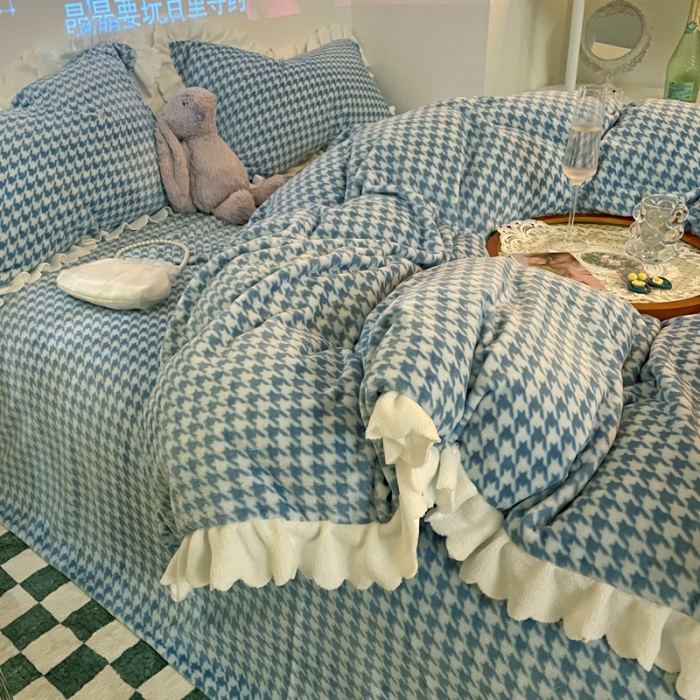 91家纺网 家纺一手货源 找家纺 千朵2021新款韩版法莱绒加厚牛奶绒四件套 蒂芙尼蓝