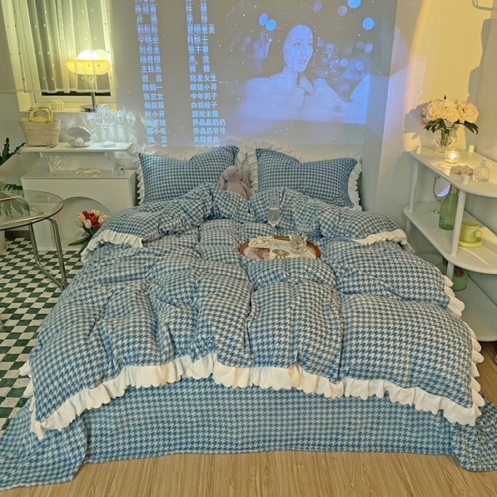 91家纺网 家纺一手货源 找家纺 千朵2021新款韩版法莱绒加厚牛奶绒四件套 蒂芙尼蓝