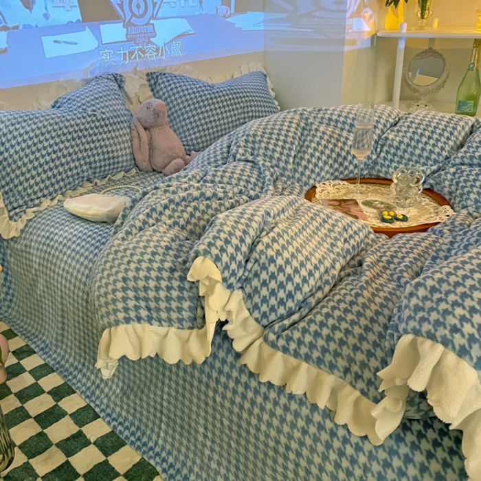 91家纺网 家纺一手货源 找家纺 千朵2021新款韩版法莱绒加厚牛奶绒四件套 蒂芙尼蓝