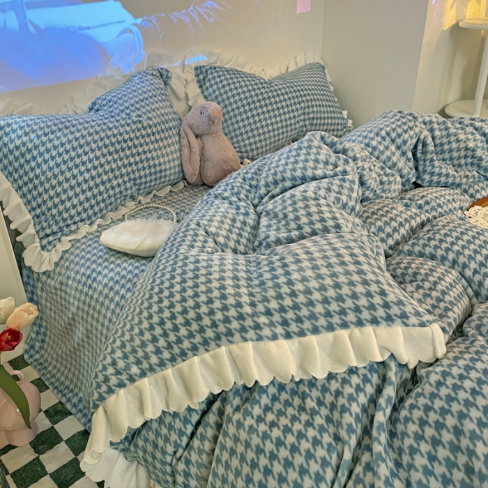 91家纺网 家纺一手货源 找家纺 千朵2021新款韩版法莱绒加厚牛奶绒四件套 蒂芙尼蓝